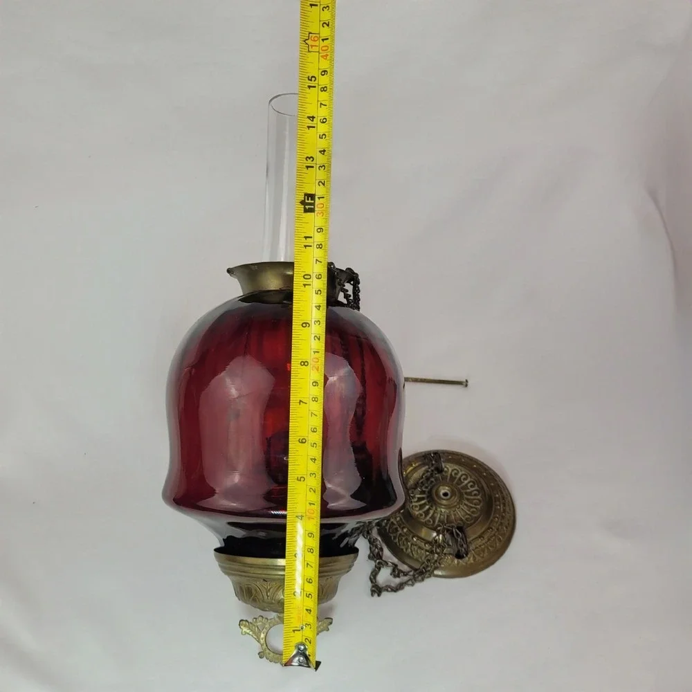 Antique Ruby Red Glass Hanging Oil Lamp Macbeth Pearl Glass Chimney Brass Trim